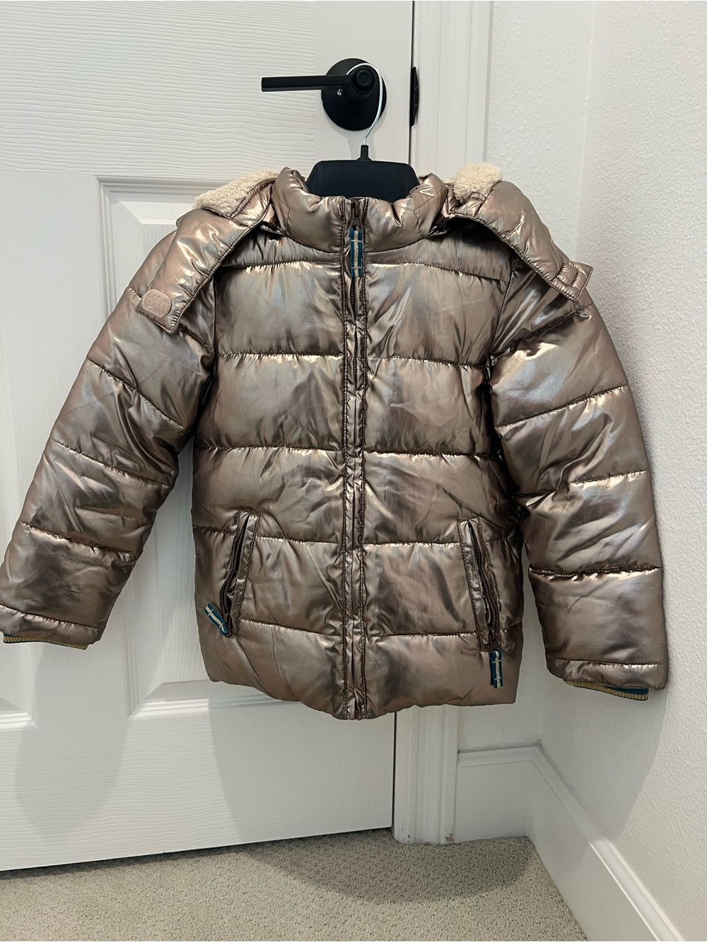 Boden Girls Metallic Taupe Puffer Coat with Faux-Sherpa Hood